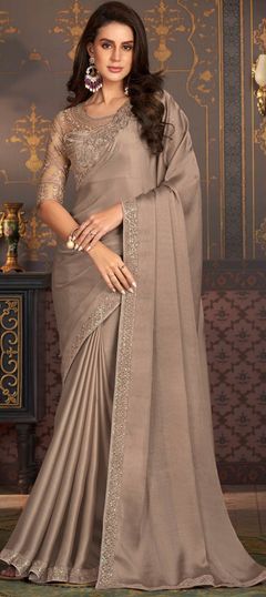 Beige and Brown color Saree in Chiffon fabric with Resham, Sequence, Thread work