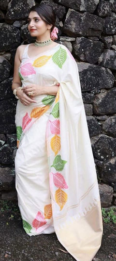 White and Off White color Saree in Banarasi Silk fabric with Weaving, Zari work