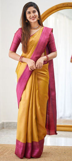 Casual, Traditional Yellow color Saree in Banarasi Silk fabric with South Weaving work : 1929675