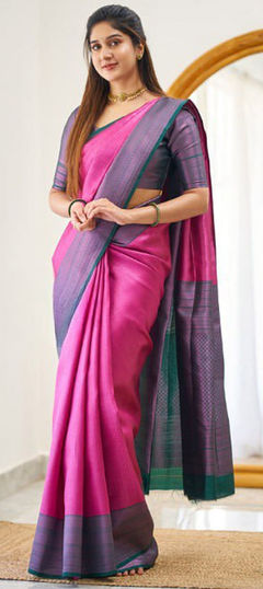 Casual, Traditional Pink and Majenta color Saree in Banarasi Silk fabric with South Weaving work : 1929678