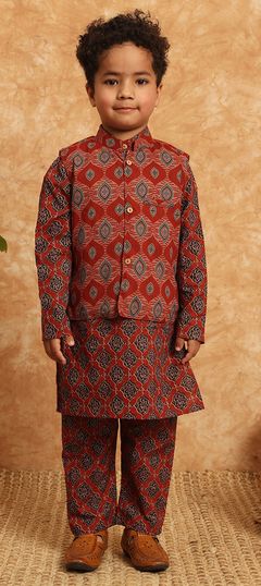 Red and Maroon color Boys Kurta Pyjama with Jacket in Cotton fabric with Printed work