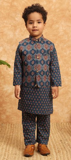 Blue color Boys Kurta Pyjama with Jacket in Cotton fabric with Printed work