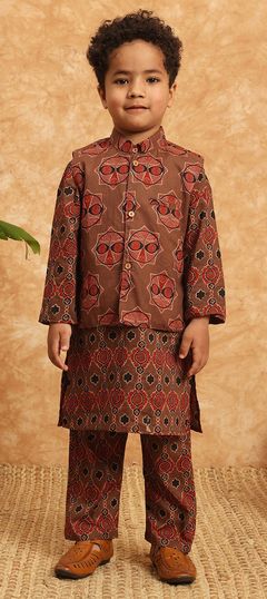 Beige and Brown color Boys Kurta Pyjama with Jacket in Cotton fabric with Printed work