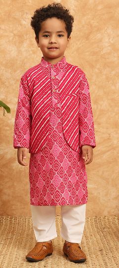 Festive, Summer Pink and Majenta color Boys Kurta Pyjama with Jacket in Cotton fabric with Bandhej, Printed work : 1929828