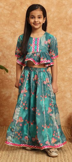 Blue color Kids Lehenga in Kota Doria Silk fabric with Floral, Gota Patti, Printed work