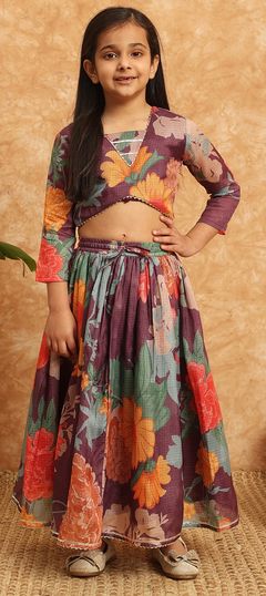 Purple and Violet color Kids Lehenga in Kota Doria Silk fabric with Floral, Gota Patti, Printed work