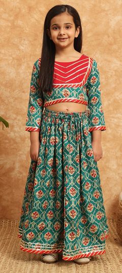 Blue, Red and Maroon color Kids Lehenga in Raw Silk fabric with Floral, Gota Patti, Printed work