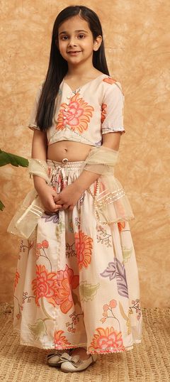 Beige and Brown color Kids Lehenga in Kota Doria Silk fabric with Gota Patti, Printed work