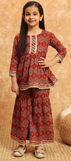 Festive, Summer Red and Maroon color Girls Top with Bottom in Cotton fabric with Gota Patti, Printed work : 1929879