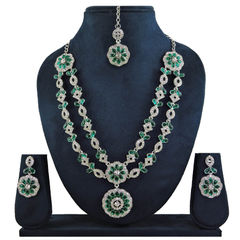 Silver Rodium Polish Green color Necklace in Metal Alloy studded with CZ Diamond