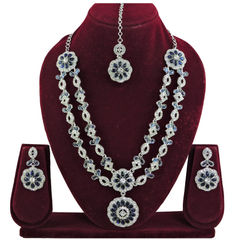 Silver Rodium Polish Blue color Necklace in Metal Alloy studded with CZ Diamond