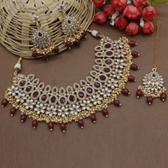 Gold Rodium Polish Red and Maroon color Necklace in Metal Alloy studded with CZ Diamond, Kundan, Pearl