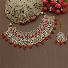 Gold Rodium Polish Red and Maroon color Necklace in Metal Alloy studded with CZ Diamond, Kundan, Pearl