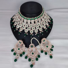 Gold Rodium Polish Green color Necklace in Metal Alloy studded with CZ Diamond, Kundan