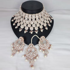 Gold Rodium Polish White and Off White color Necklace in Metal Alloy studded with CZ Diamond, Kundan