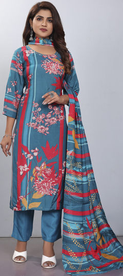 Festive, Party Wear Blue color Salwar Kameez in Muslin fabric with Straight Digital Print, Embroidered work : 1929951