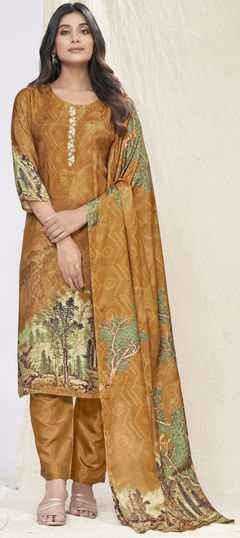 Festive, Party Wear Beige and Brown color Salwar Kameez in Muslin fabric with Straight Bandhej, Digital Print, Embroidered work : 1929958