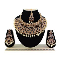 Gold Rodium Polish Black and Grey color Necklace in Metal Alloy studded with Kundan