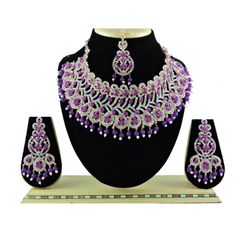 Gold Rodium Polish Purple and Violet color Necklace in Metal Alloy studded with Kundan