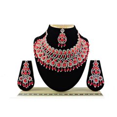 Gold Rodium Polish Red and Maroon color Necklace in Metal Alloy studded with Kundan
