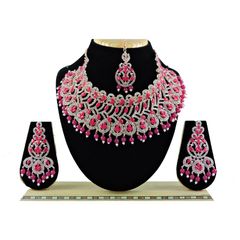 Gold Rodium Polish Pink and Majenta color Necklace in Metal Alloy studded with Kundan