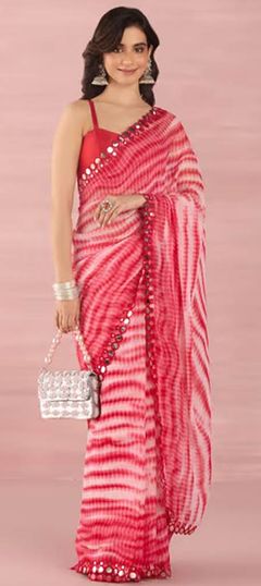 Casual Pink and Majenta color Saree in Georgette fabric with Classic Mirror, Printed, Tye n Dye work : 1930012