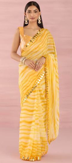 Yellow color Saree in Georgette fabric with Mirror, Printed, Tye n Dye work