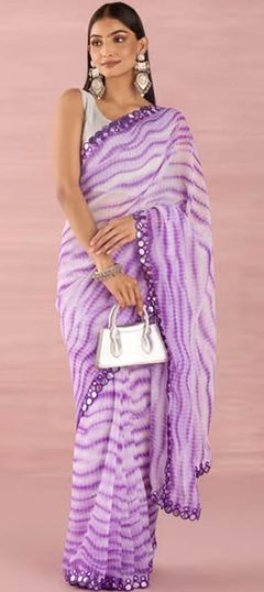 Purple and Violet color Saree in Georgette fabric with Mirror, Printed, Tye n Dye work