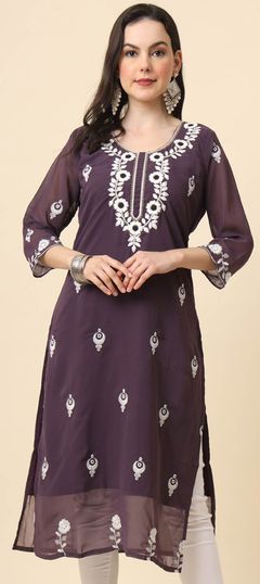 Purple and Violet color Kurti in Georgette fabric with Embroidered, Thread work
