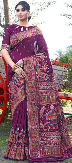 Purple and Violet color Saree in Silk fabric with Printed work