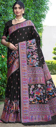 Black and Grey color Saree in Silk fabric with Printed work