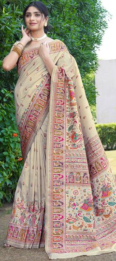 White and Off White color Saree in Silk fabric with Printed work