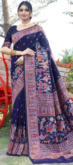 Blue color Saree in Silk fabric with Printed work