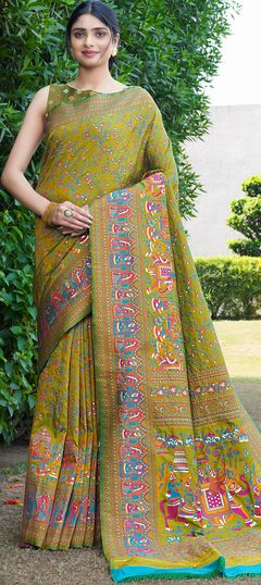 Green color Saree in Silk fabric with Printed work