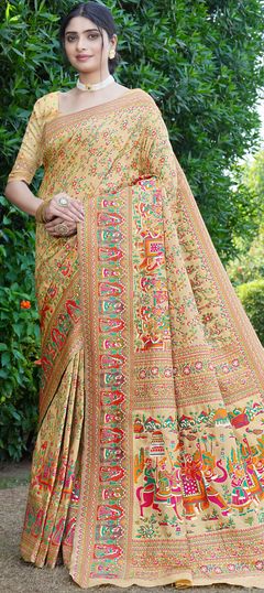 Beige and Brown color Saree in Silk fabric with Printed work