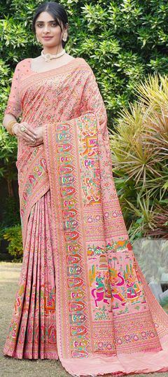 Pink and Majenta color Saree in Silk fabric with Printed work