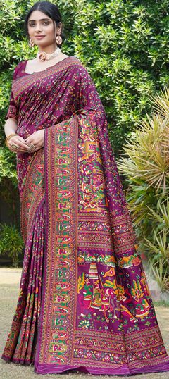 Purple and Violet color Saree in Silk fabric with Printed work