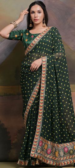 Green color Saree in Georgette fabric with Embroidered, Printed, Sequence work