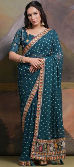 Blue color Saree in Georgette fabric with Embroidered, Printed, Sequence work