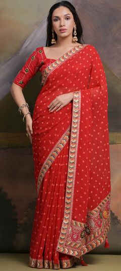 Red and Maroon color Saree in Georgette fabric with Embroidered, Printed, Sequence work