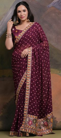 Purple and Violet color Saree in Georgette fabric with Embroidered, Printed, Sequence work