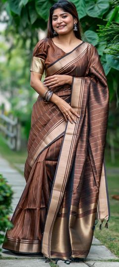 Reception, Traditional Beige and Brown color Saree in Tussar Silk fabric with South Weaving work : 1930145