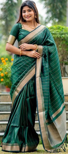 Reception, Traditional Green color Saree in Tussar Silk fabric with South Weaving work : 1930146