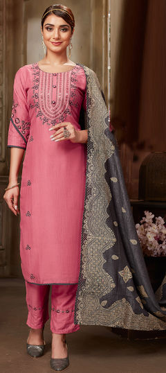 Engagement, Reception, Wedding Pink and Majenta color Salwar Kameez in Silk fabric with Straight Embroidered, Resham, Thread, Zari work : 1930234