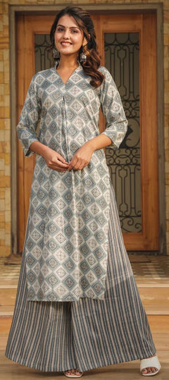 Summer Black and Grey color Salwar Kameez in Rayon fabric with Palazzo, Straight Digital Print work : 1930347