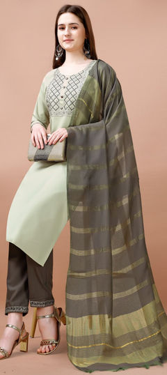 Green color Salwar Kameez in Blended Cotton fabric with Thread, Zari work