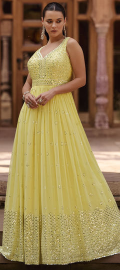 Reception, Wedding Yellow color Gown in Georgette fabric with Embroidered, Mirror, Sequence, Thread work : 1930553