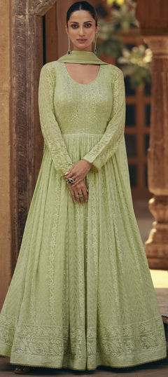 Reception, Wedding Green color Gown in Georgette fabric with Embroidered, Mirror, Sequence, Thread work : 1930555