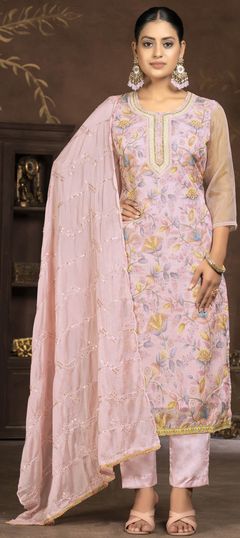 Pink and Majenta color Salwar Kameez in Organza Silk fabric with Embroidered, Printed, Thread work