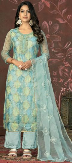 Festive, Party Wear Blue color Salwar Kameez in Organza Silk fabric with Straight Embroidered, Sequence, Thread work : 1930560